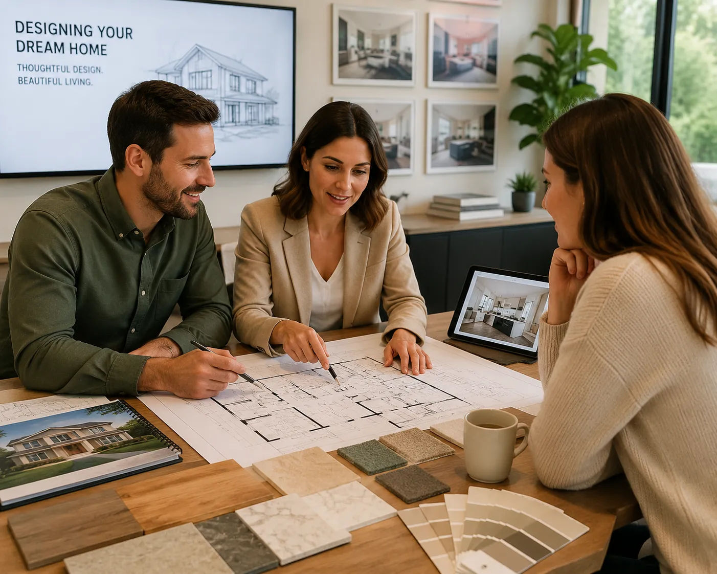 Home design services consultation showing team reviewing residential floor plans and design options with client