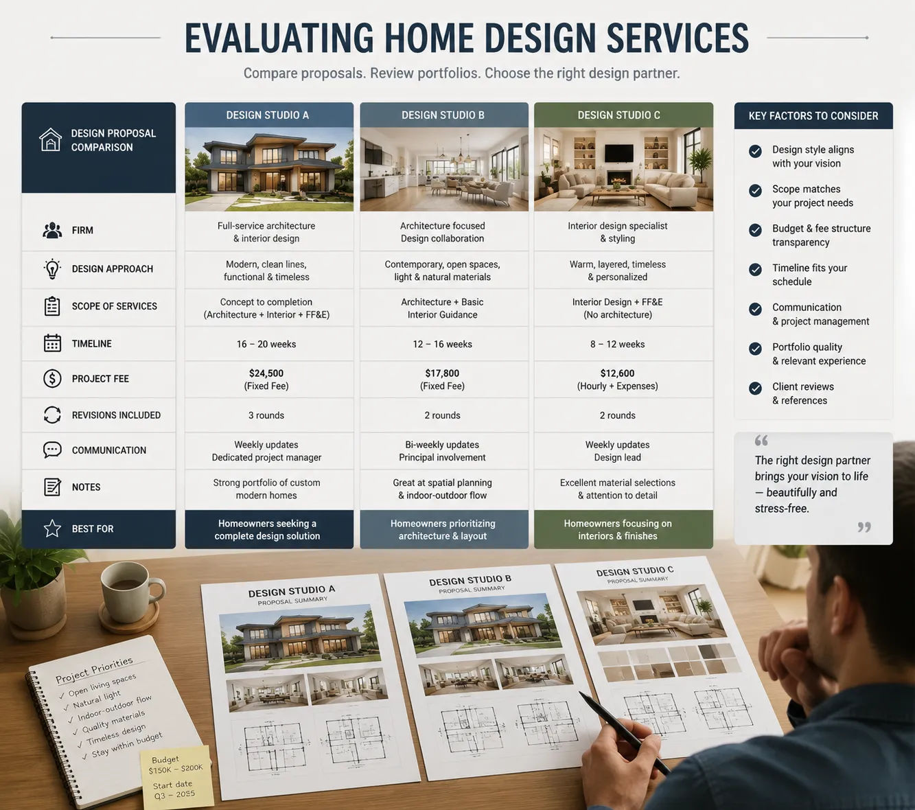 Homeowner comparing home design services proposals and reviewing portfolio samples from multiple firms