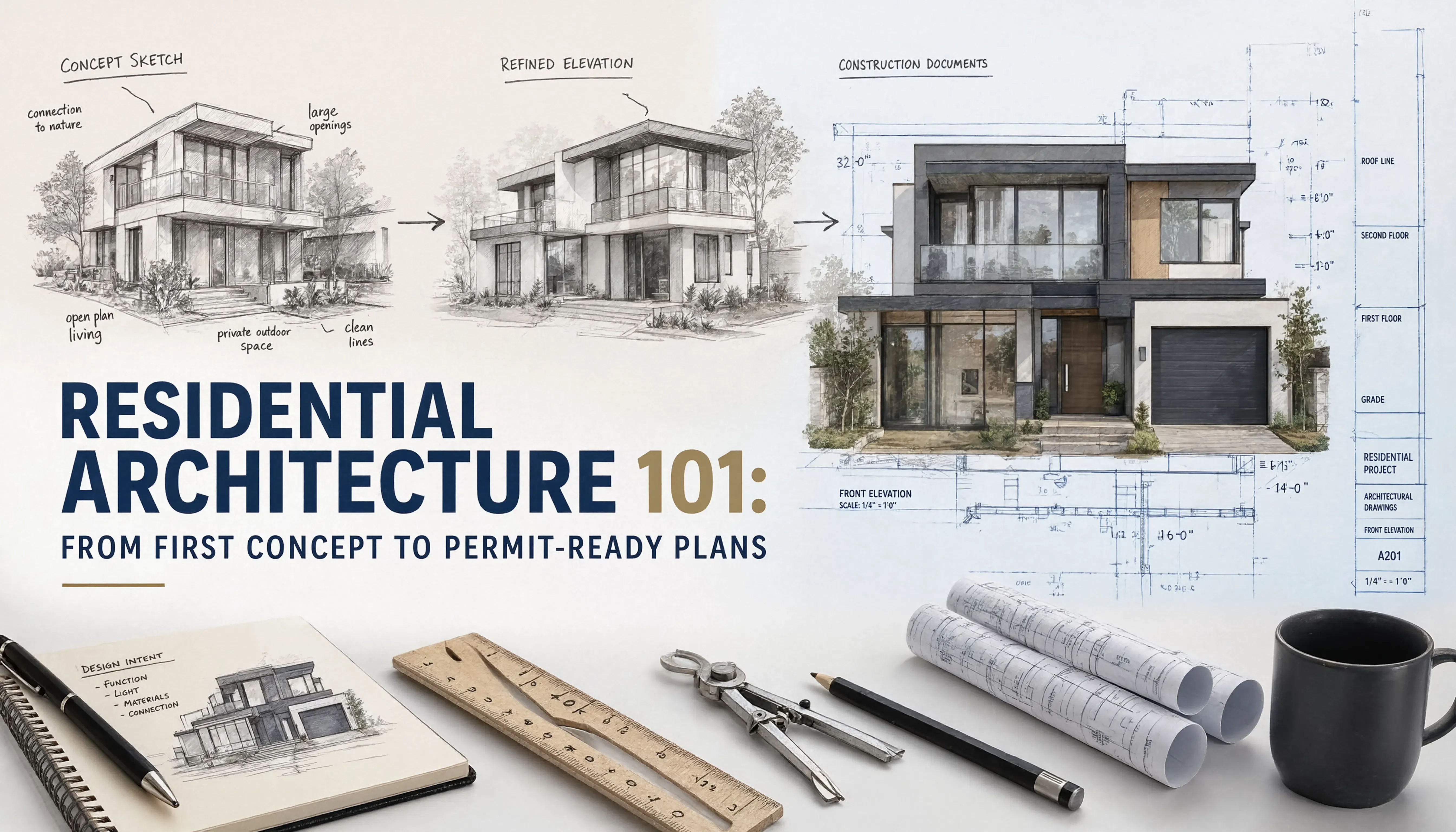 Residential architecture project timeline showing stages from concept sketch to permit-ready construction documents
