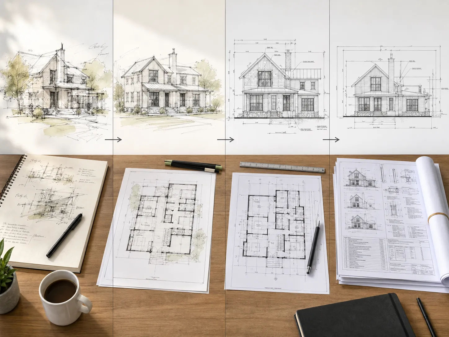 Residential architecture project timeline showing stages from concept sketch to permit-ready construction documents