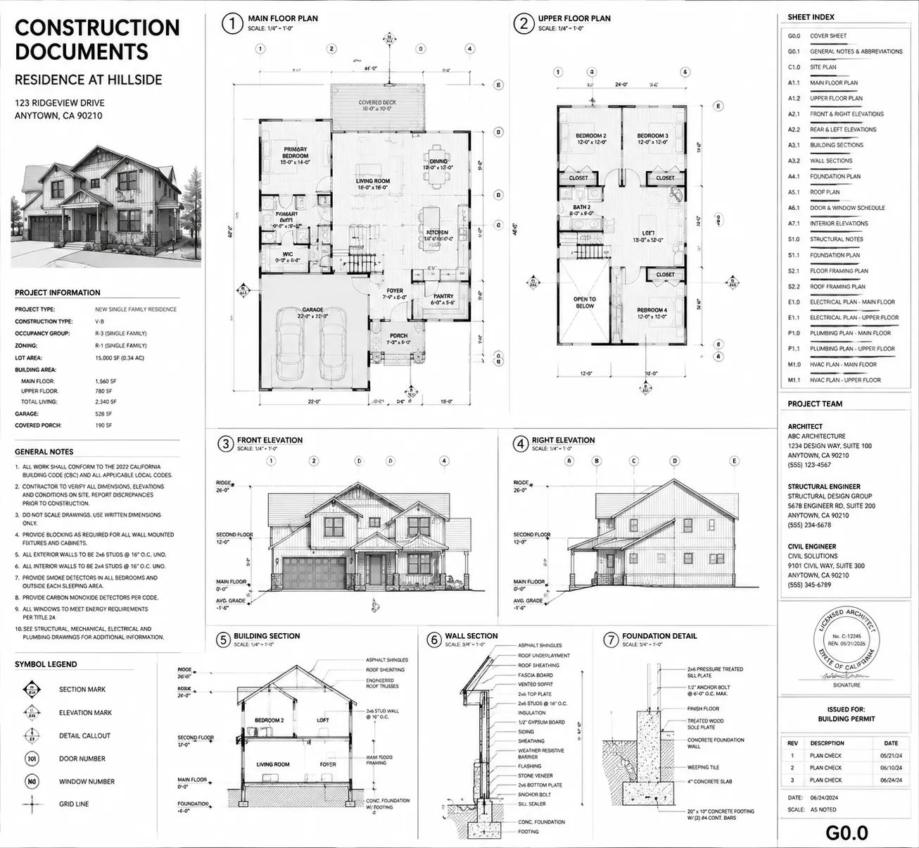 Residential architecture construction documents showing permit-ready drawing package with floor plans, elevations and construction details