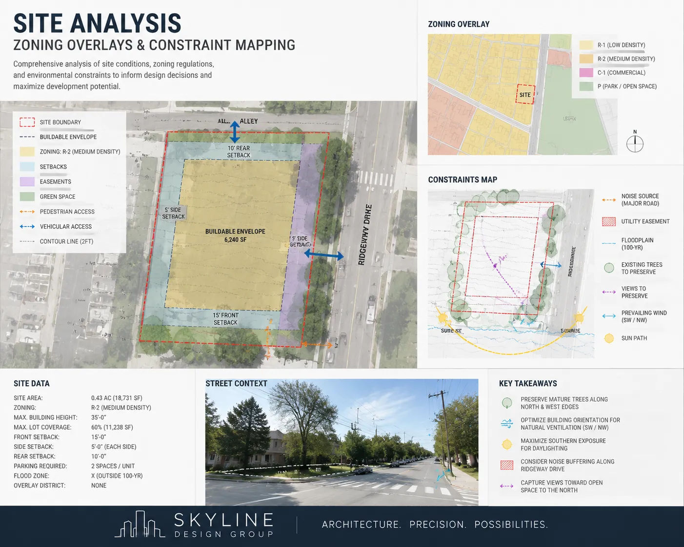 Architecture design site analysis showing zoning constraints and building envelope at Skyline