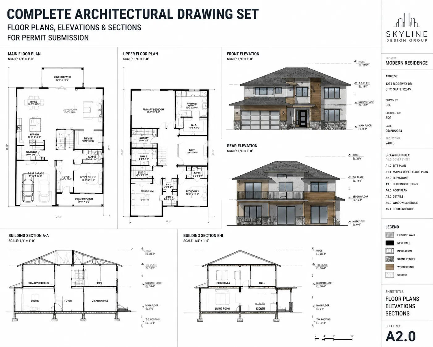 Architecture design drawings including floor plan, elevation and section views for permit submission
