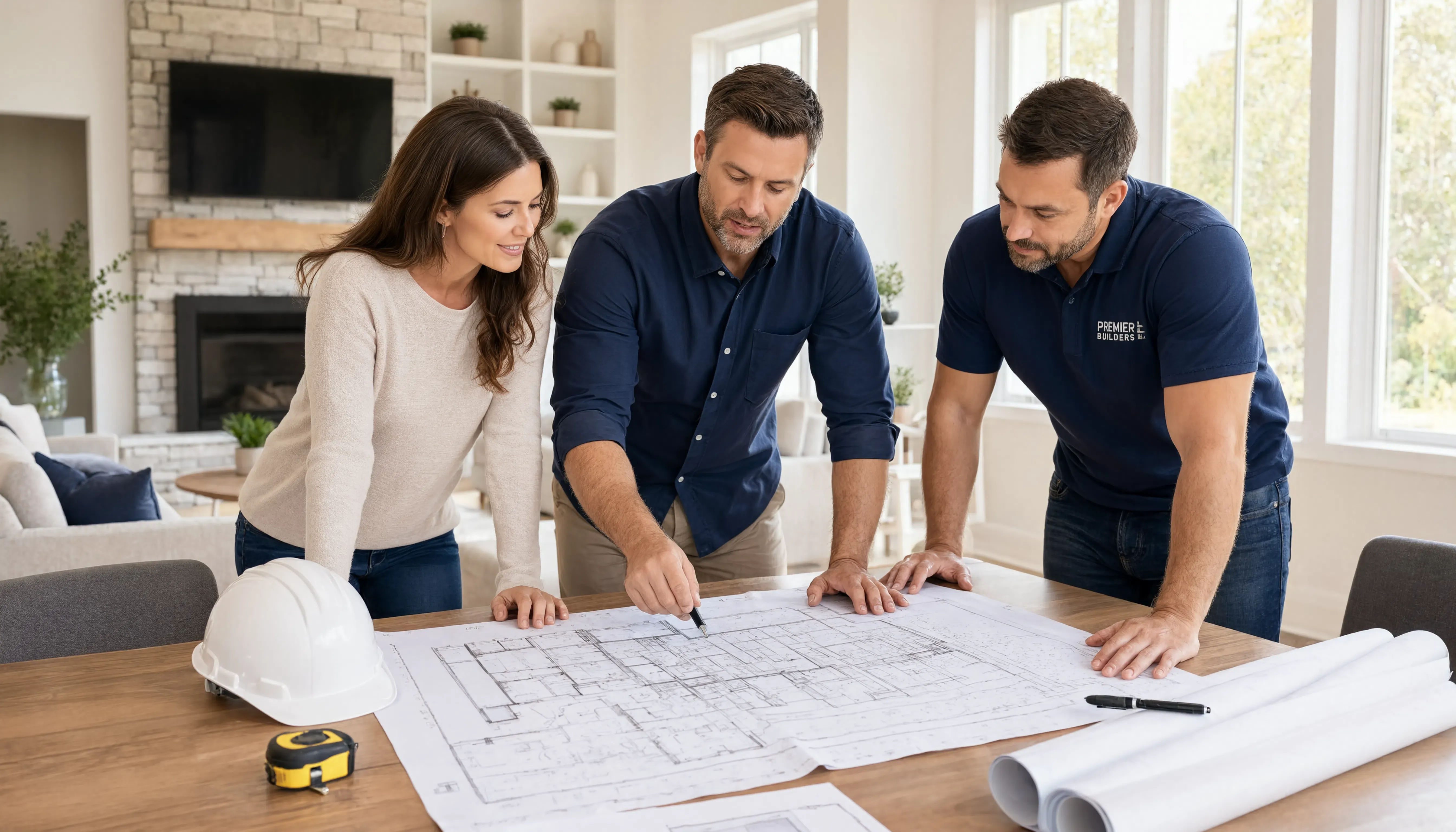 Professional home design services review showing homeowner, designer and contractor reviewing drawings before construction begins