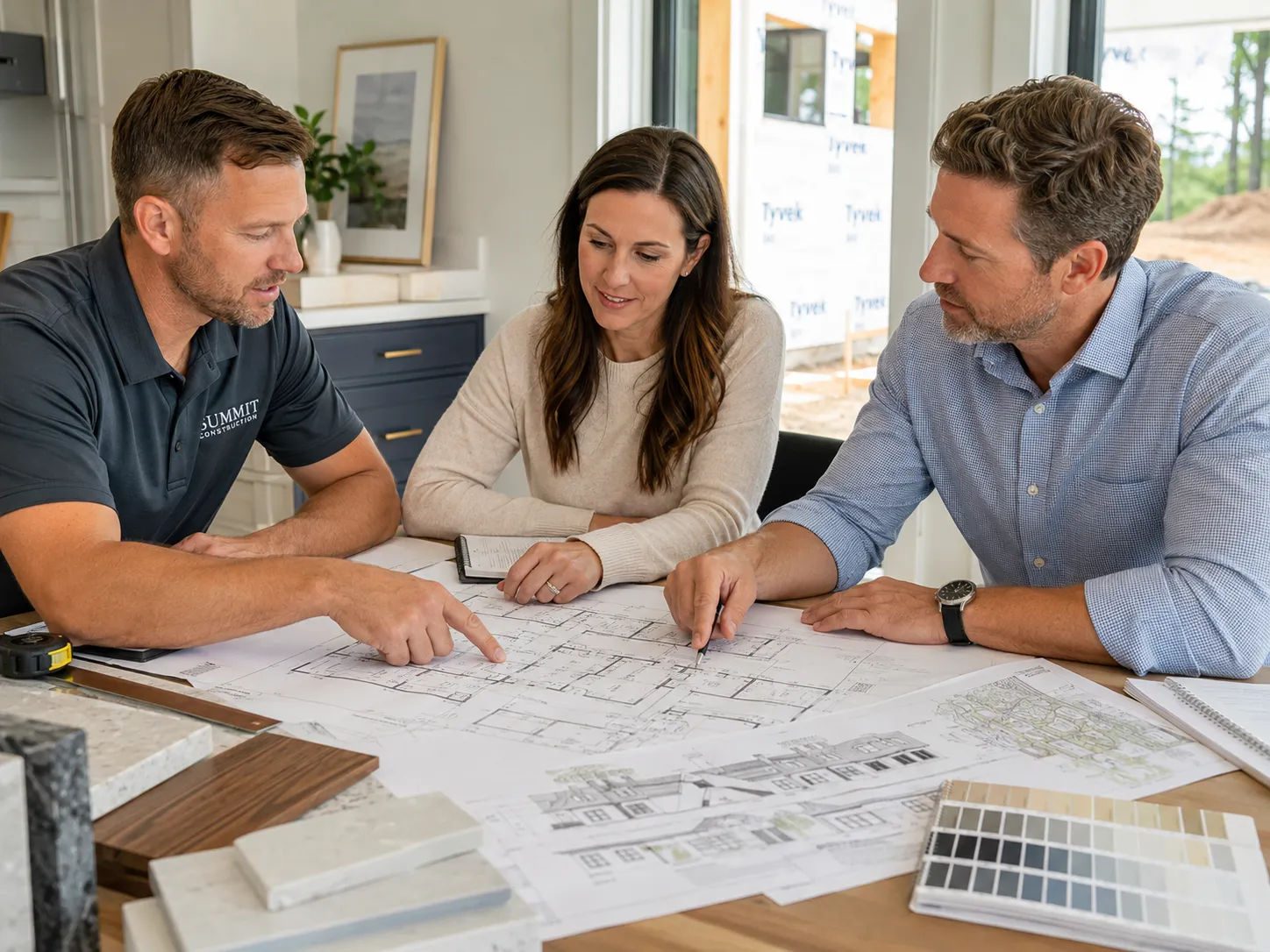 Professional home design services review showing homeowner, designer and contractor reviewing drawings before construction begins