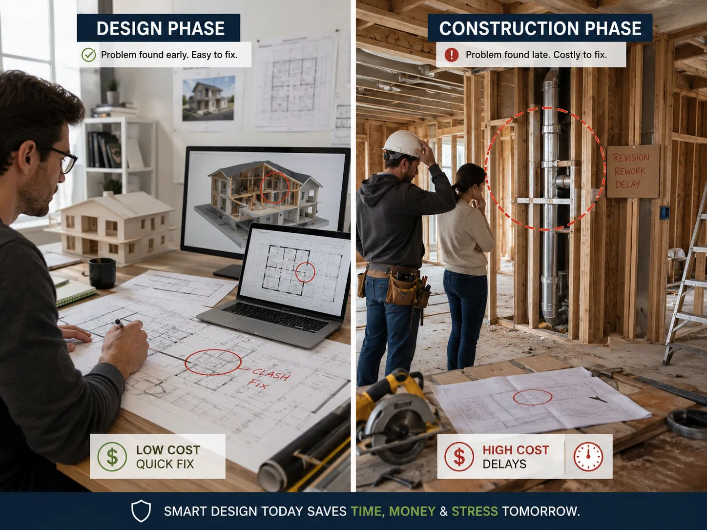Home design services value illustration showing cost comparison of design-phase versus construction-phase error correction