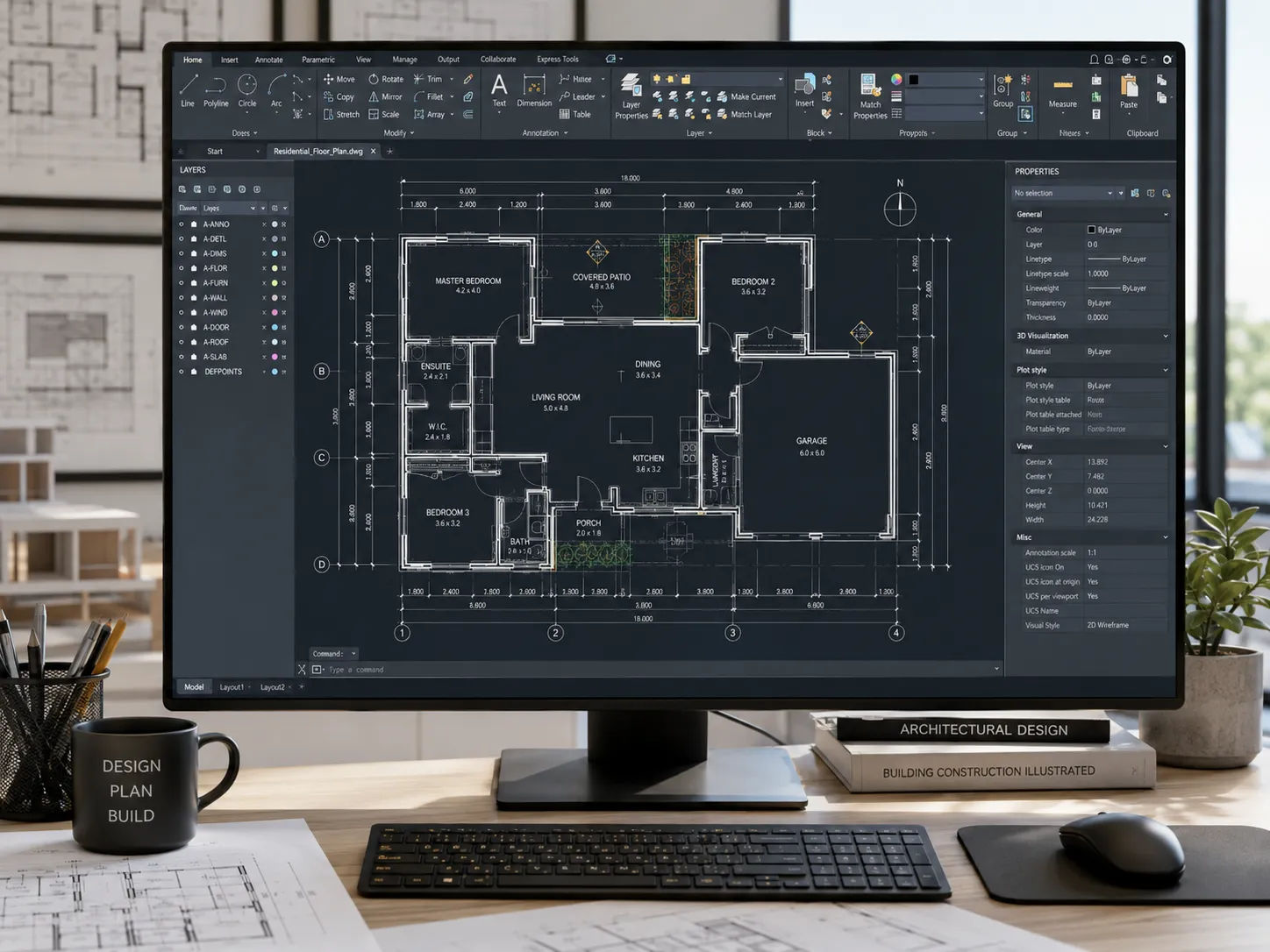 AutoCAD design services in progress showing architectural floor plan being drafted with dimensions and annotations