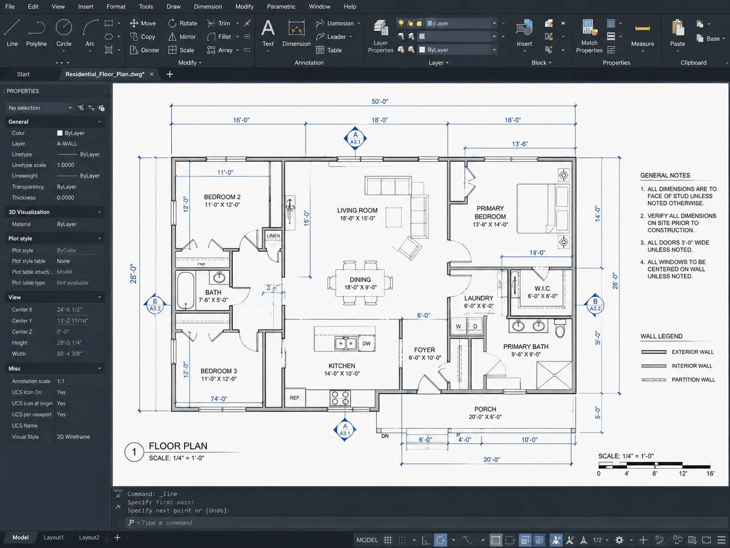 AutoCAD design services floor plan close-up showing precise dimensions, wall thicknesses and technical annotations