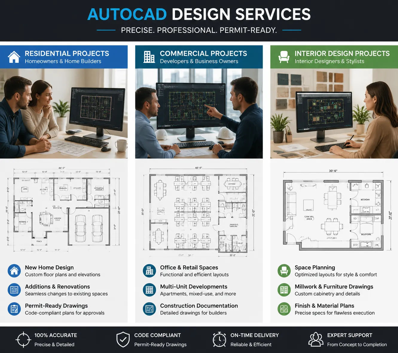 AutoCAD design services client types showing residential homeowner, developer and interior design applications
