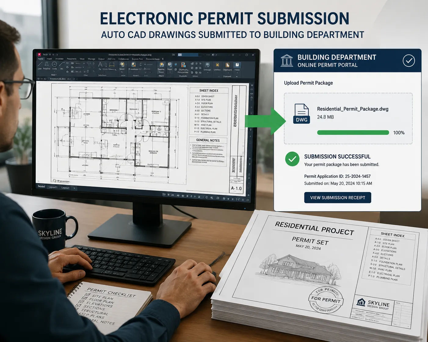 AutoCAD drafting permit package being submitted to building department for residential construction approval