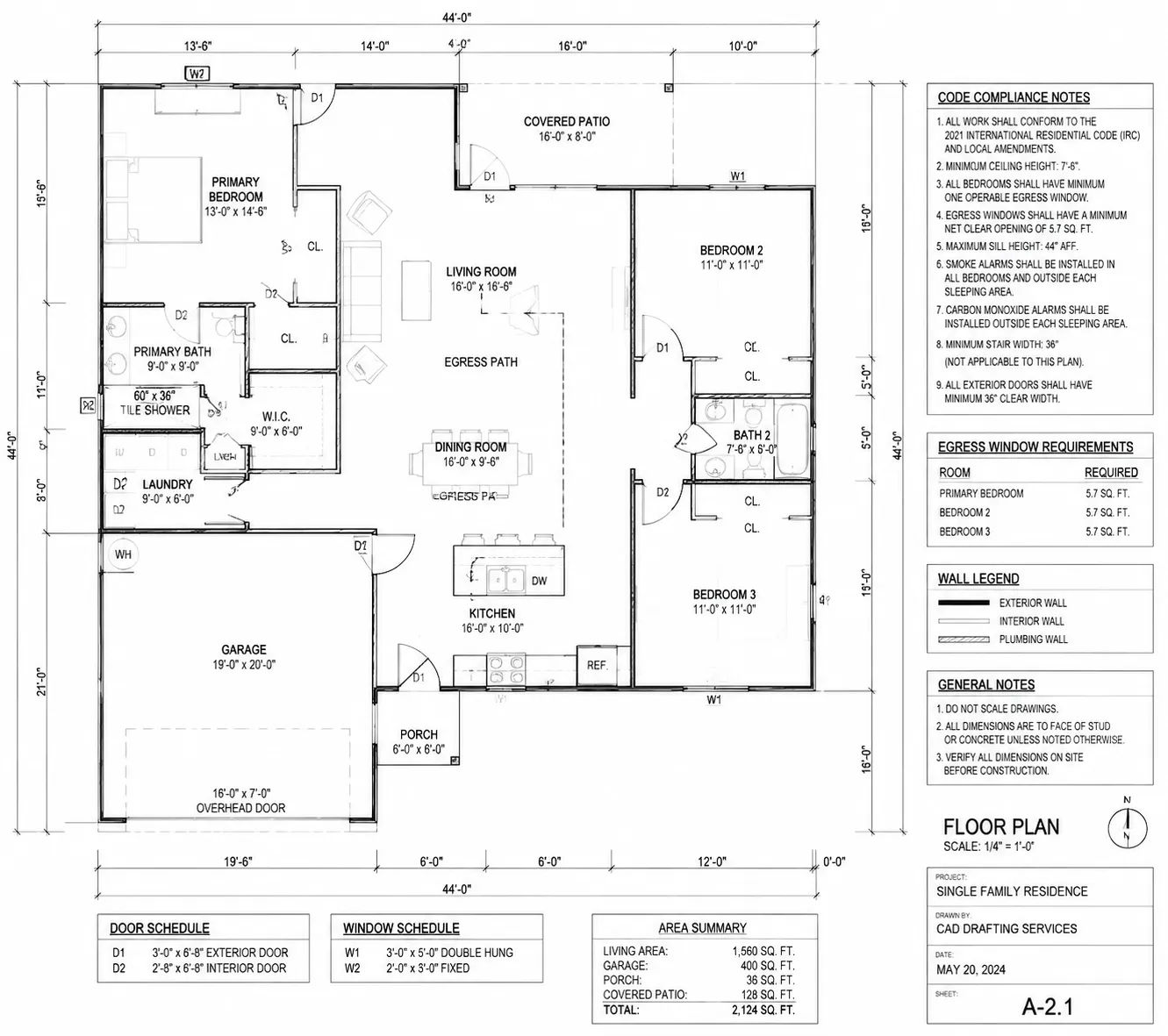 AutoCAD drafting floor plan showing complete dimension strings, egress annotations and building code compliance notes