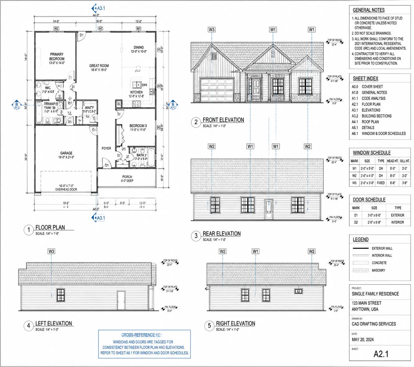 AutoCAD drafting showing coordinated floor plan and elevation with matching dimensions and window locations