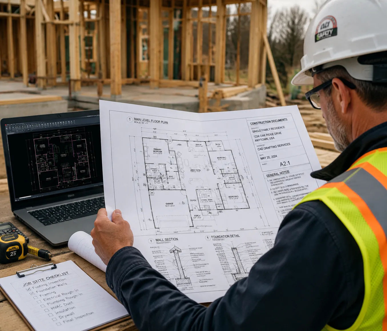 AutoCAD drafting construction documents being reviewed by contractor on residential construction site