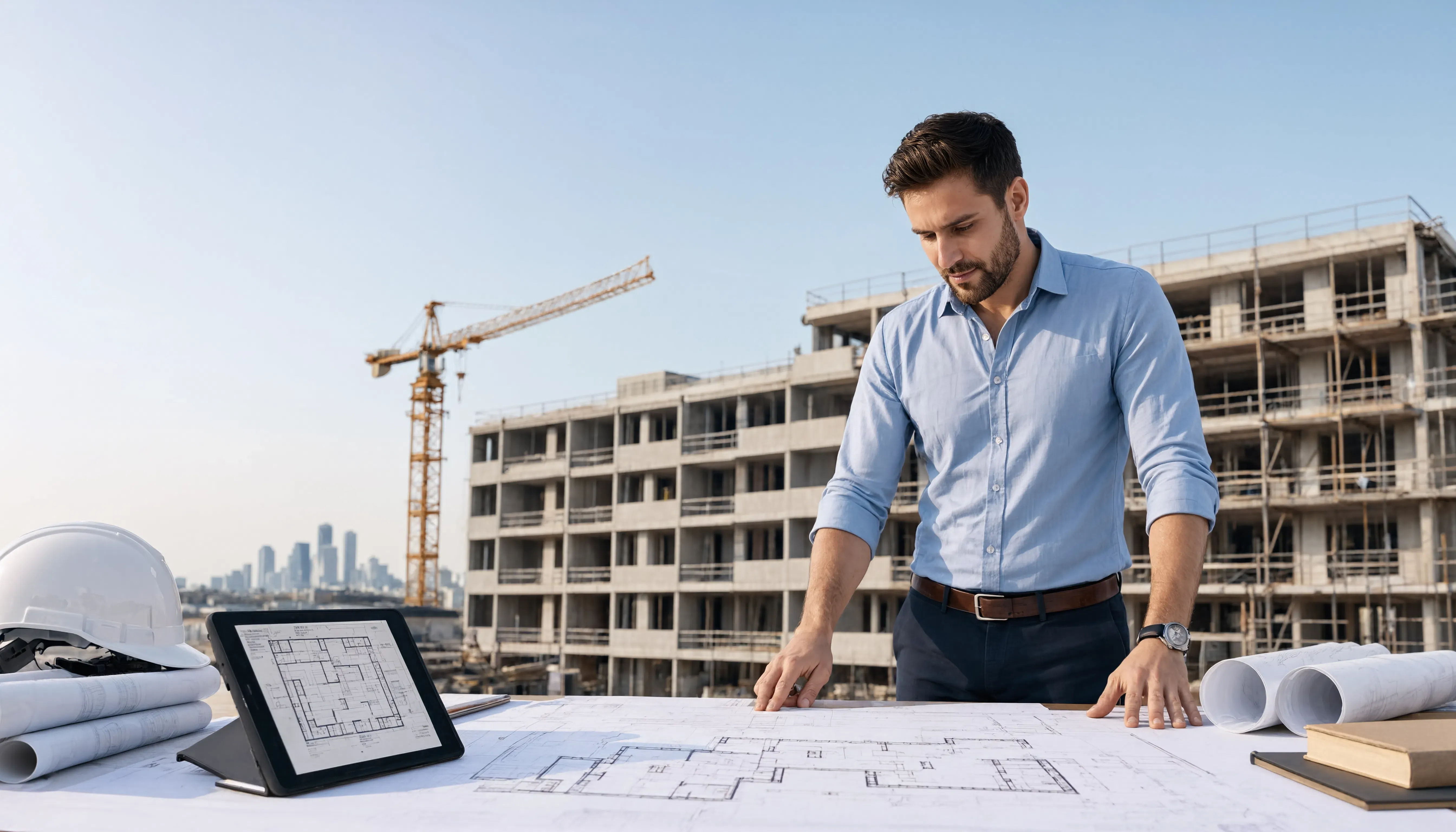 Construction design services showing developer reviewing permit-ready drawings and construction documents at project site