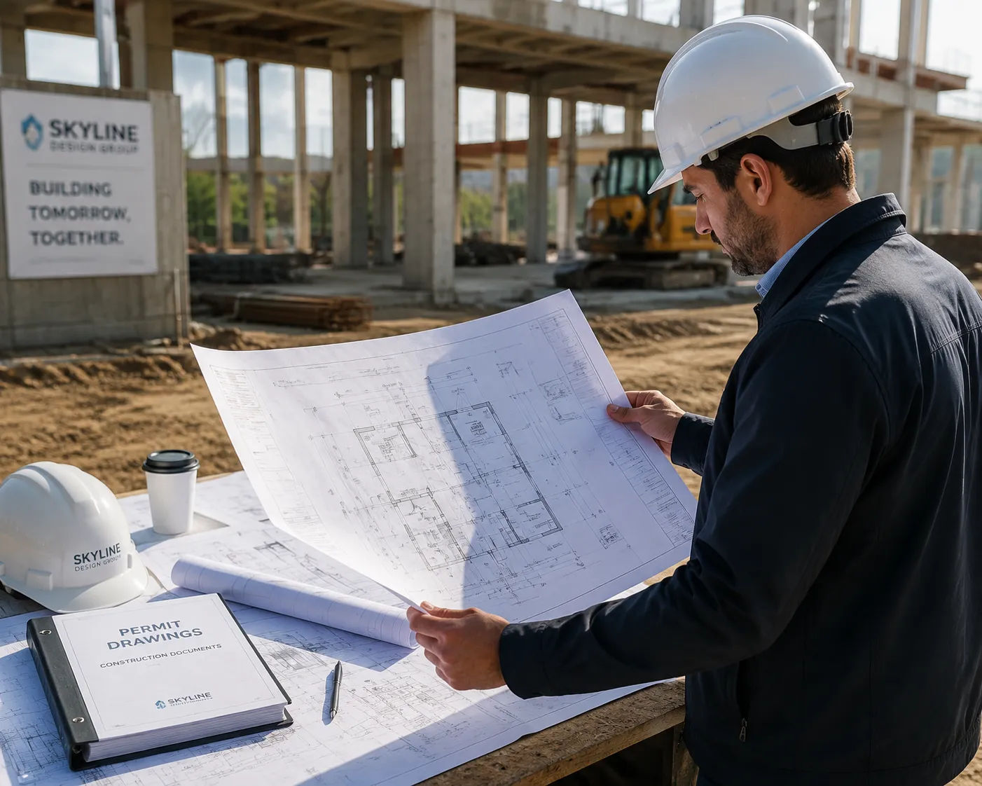 Construction design services showing developer reviewing permit-ready drawings and construction documents at project site