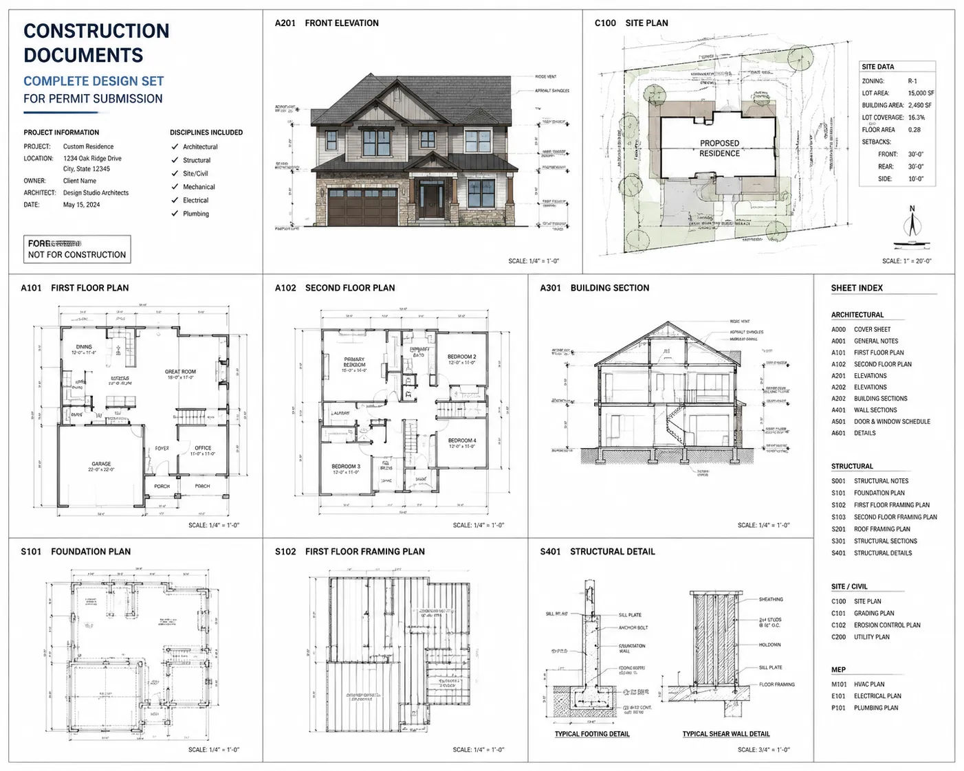 Construction design services complete permit package showing architectural and structural drawings organized for building department submission
