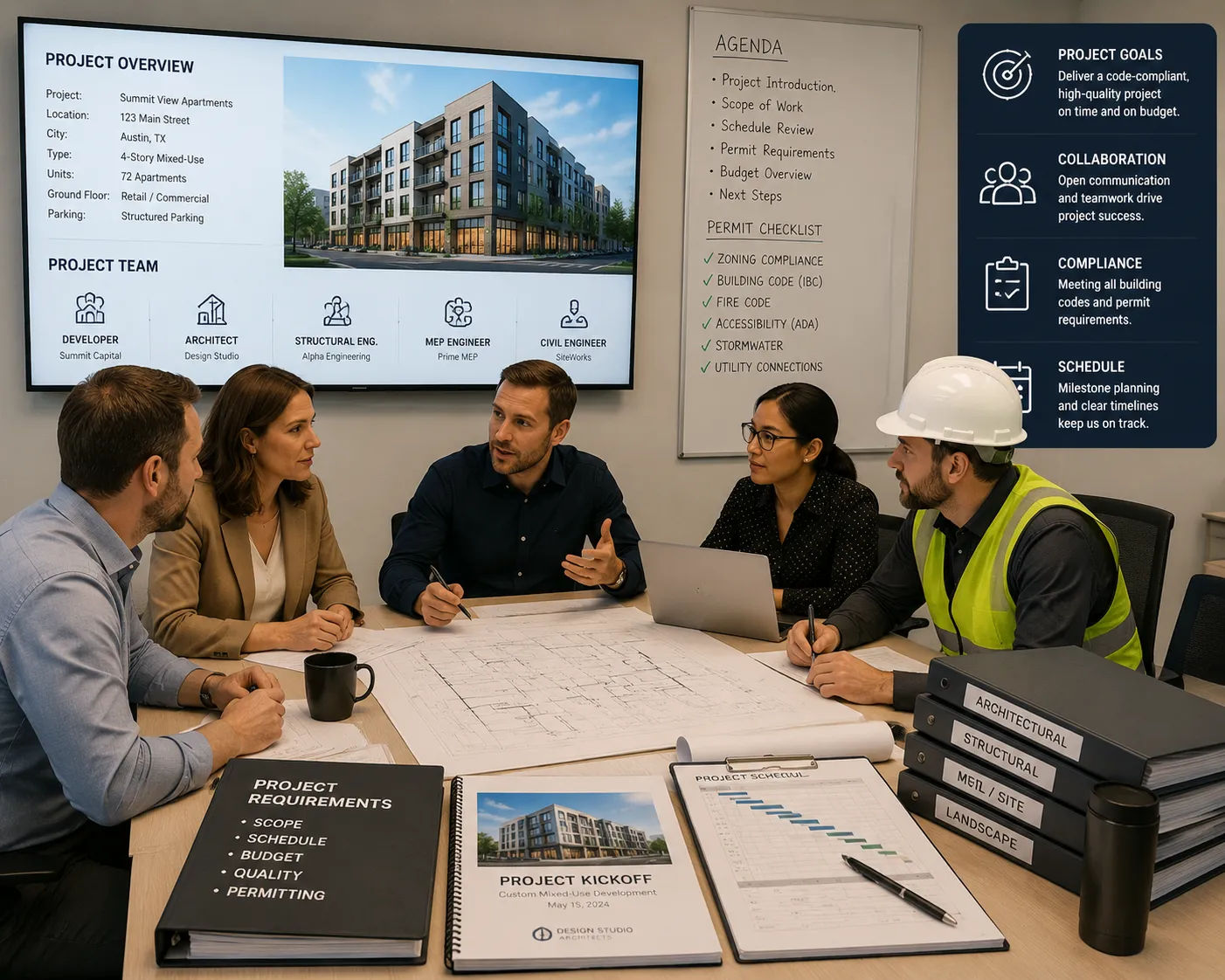 Construction design services kickoff meeting showing developer and design team reviewing project scope, schedule and permit requirements