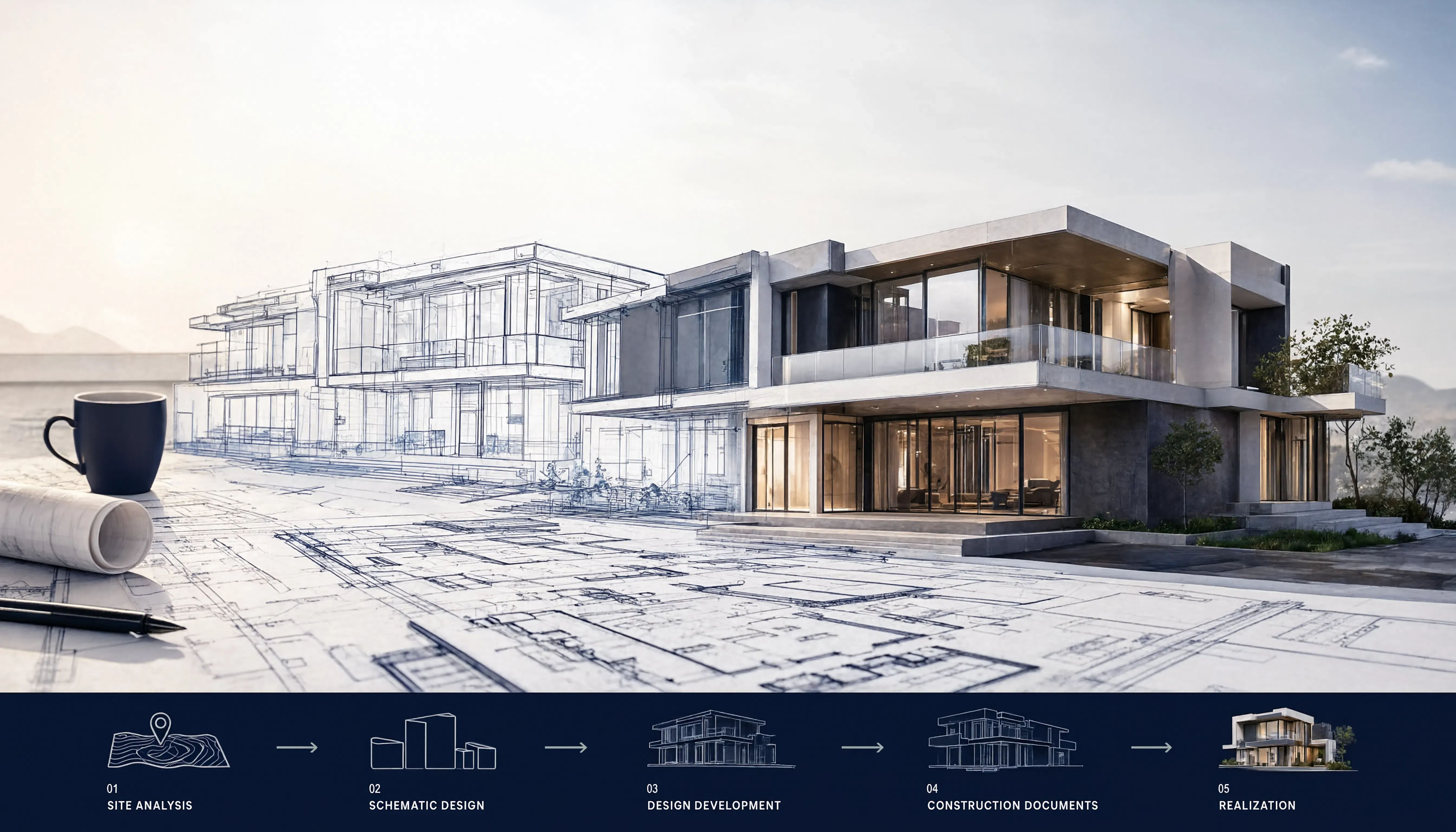 Building design full process diagram showing site analysis, schematic design, design development, construction documents and permit submission stages