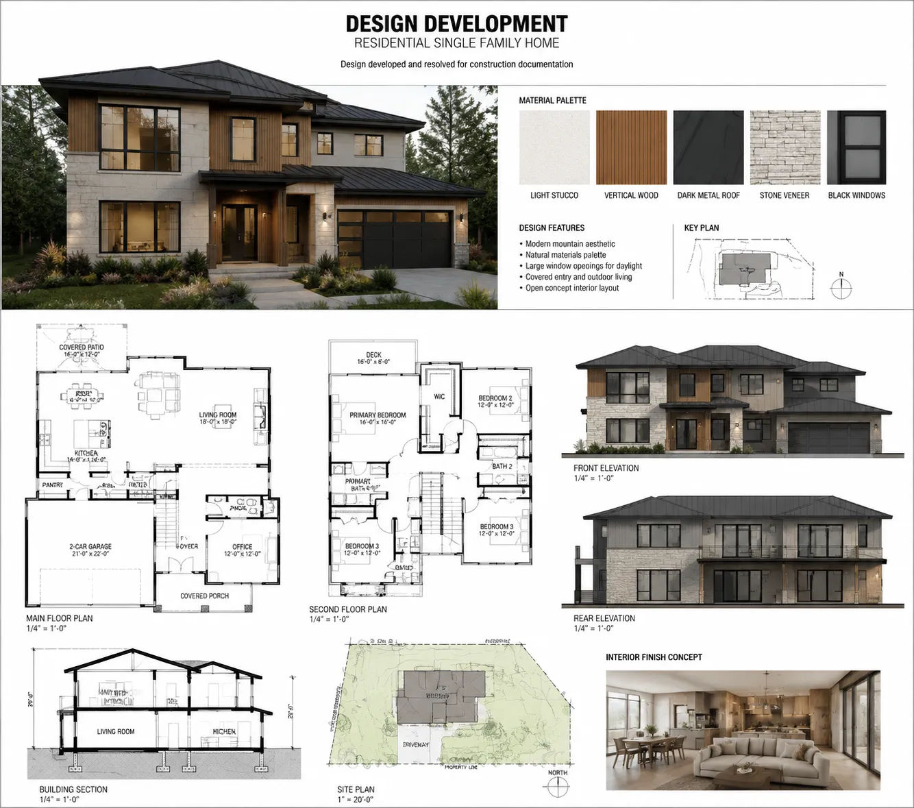 Building design development drawings showing finalized floor plans, exterior elevations and material selections ready for construction documentation
