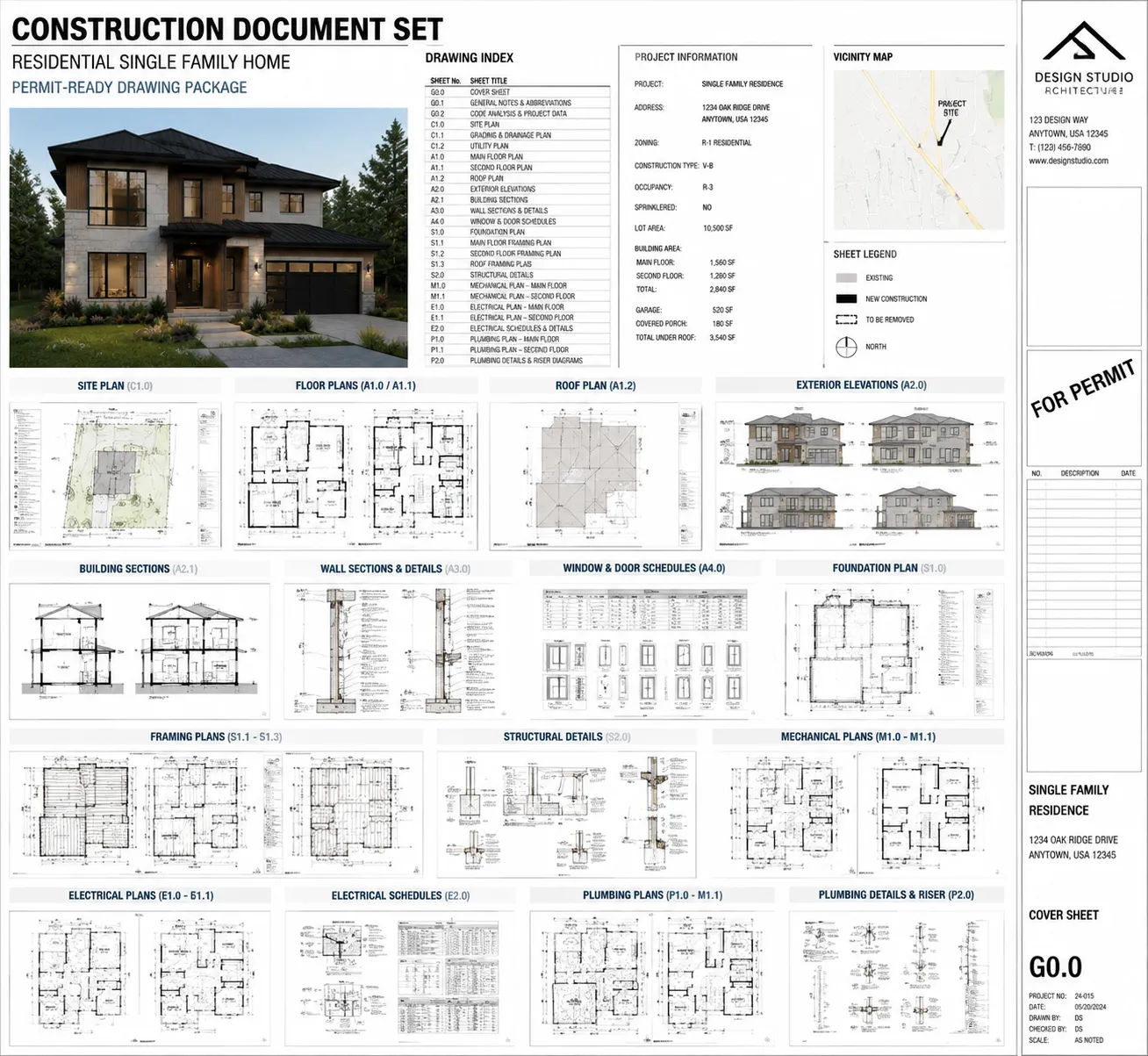 Building design construction documents showing complete set of architectural, structural and MEP drawings for permit submission