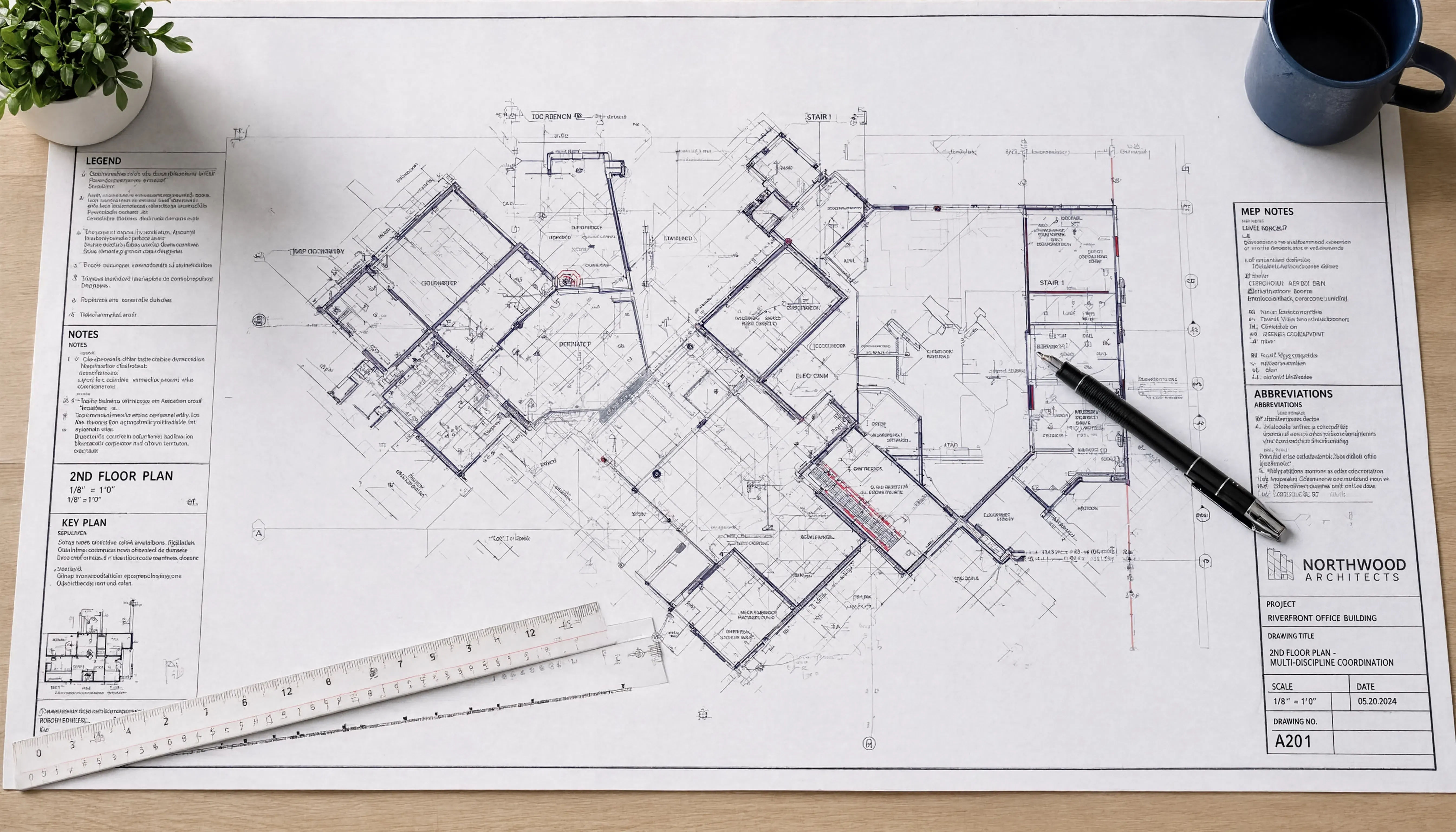 Construction drafting multi-discipline coordination showing architectural, structural and MEP drawings overlaid for conflict detection