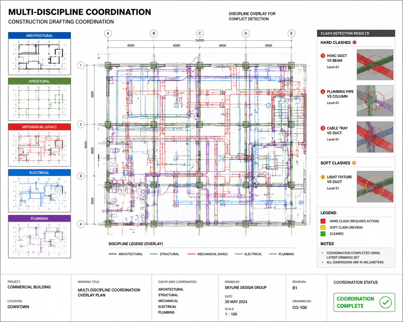 Construction drafting multi-discipline coordination showing architectural, structural and MEP drawings overlaid for conflict detection