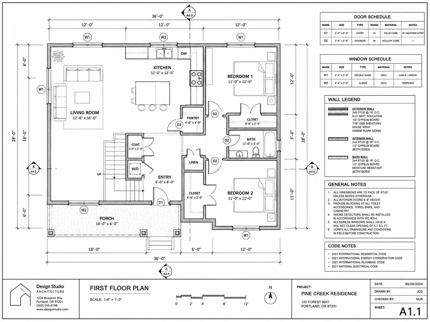 Construction drafting plan view showing dimensioned floor plan with wall assemblies, door and window schedules and annotation notes