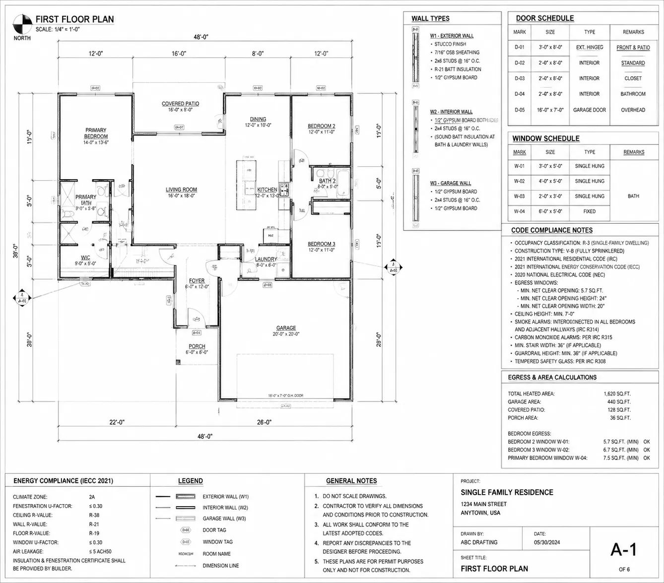 Construction drafting permit package showing building code compliance annotations, egress dimensions and energy documentation on floor plan