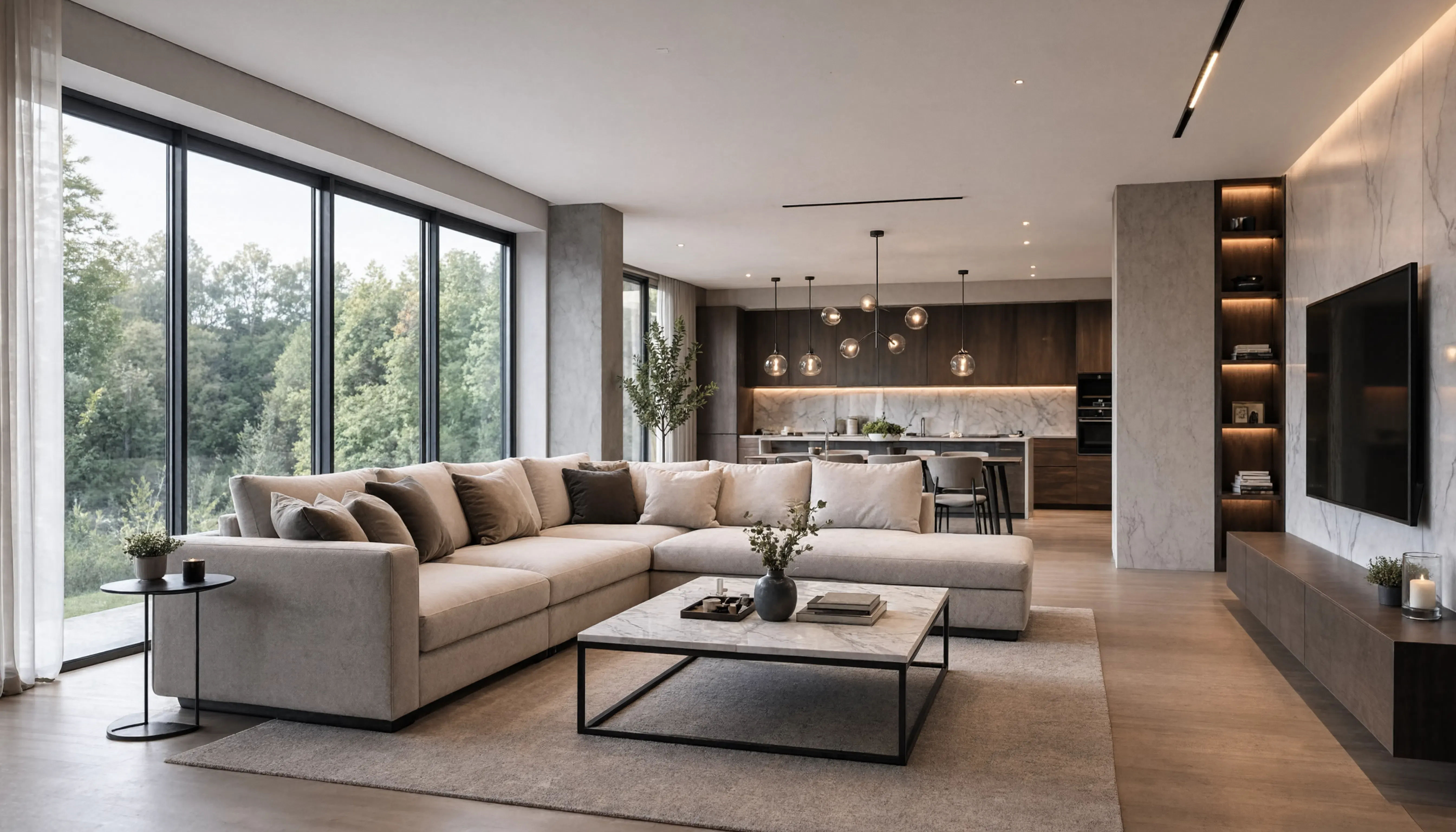 Interior rendering services example showing photorealistic 3D visualization of residential living room with furniture, materials and lighting before construction