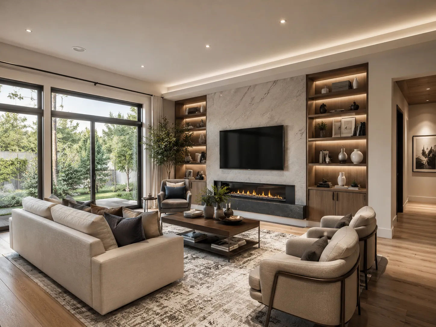 Interior rendering services example showing photorealistic 3D visualization of residential living room with furniture, materials and lighting before construction
