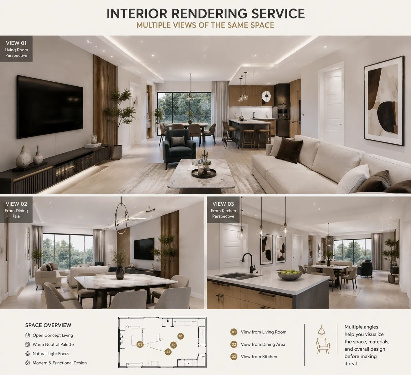 Interior rendering services showing three views of the same residential space from different angles to show drafting quality