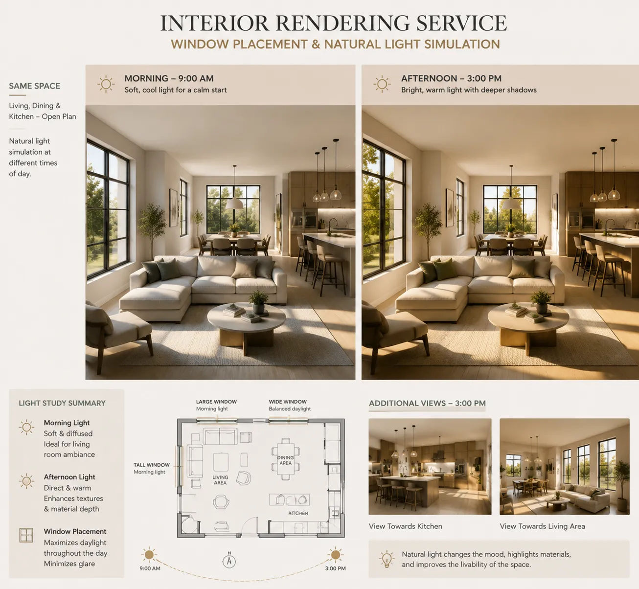 Interior rendering services showing natural light simulation at morning and afternoon for same residential space to support window placement decisions