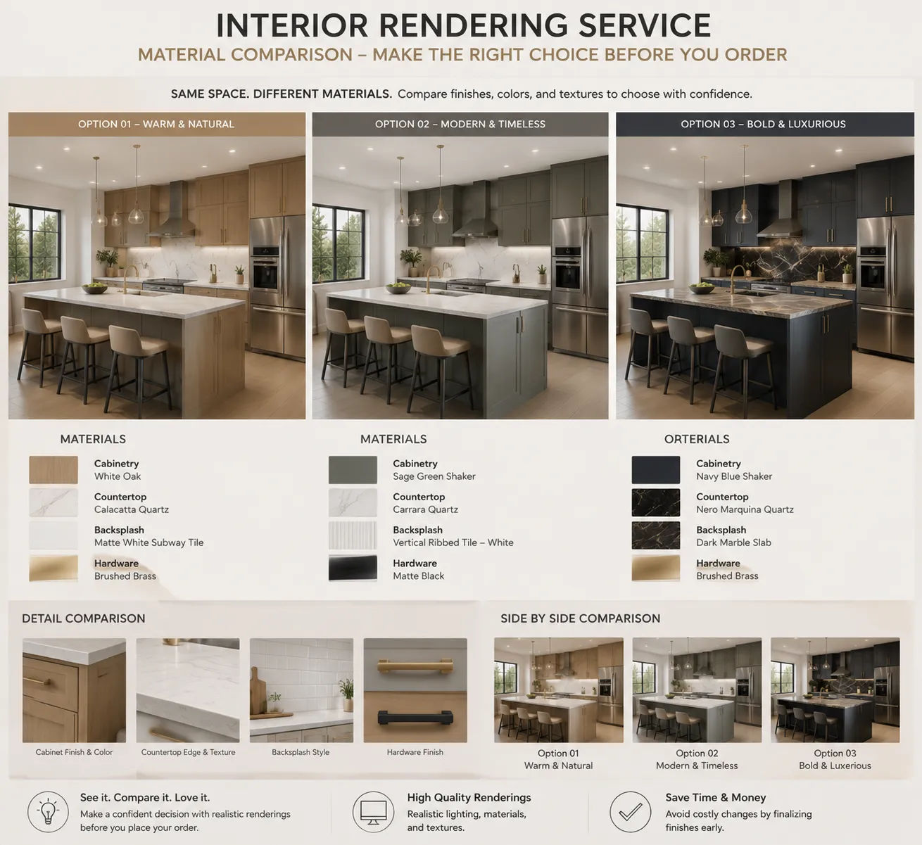 Interior rendering services material comparison showing same kitchen with different cabinet and countertop options for client decision making