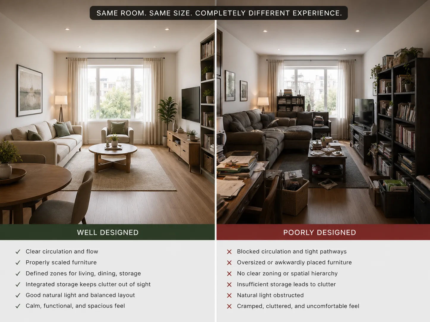 drafting design comparison showing same square footage organized differently — one layout using drafting design principles feels generous, the other cramped