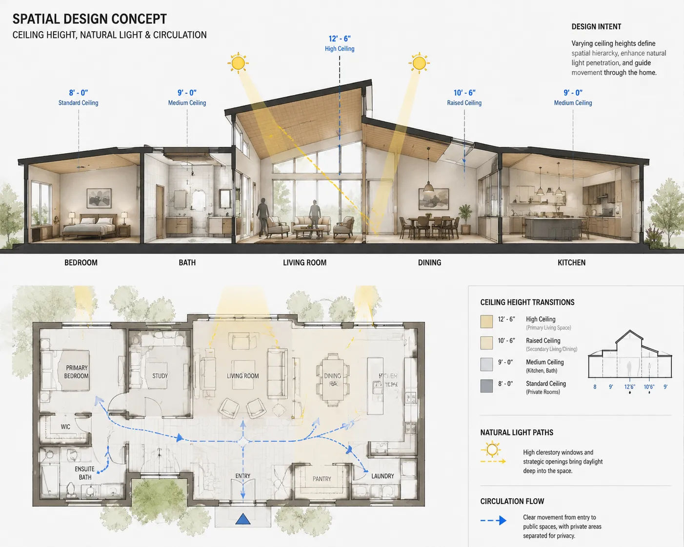 drafting design concept drawing showing ceiling height changes, natural light entry points and human circulation paths through residential space