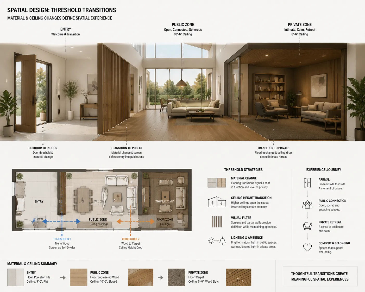 drafting design threshold transitions showing floor material change marking entry into private zone and ceiling height drop marking intimate seating area
