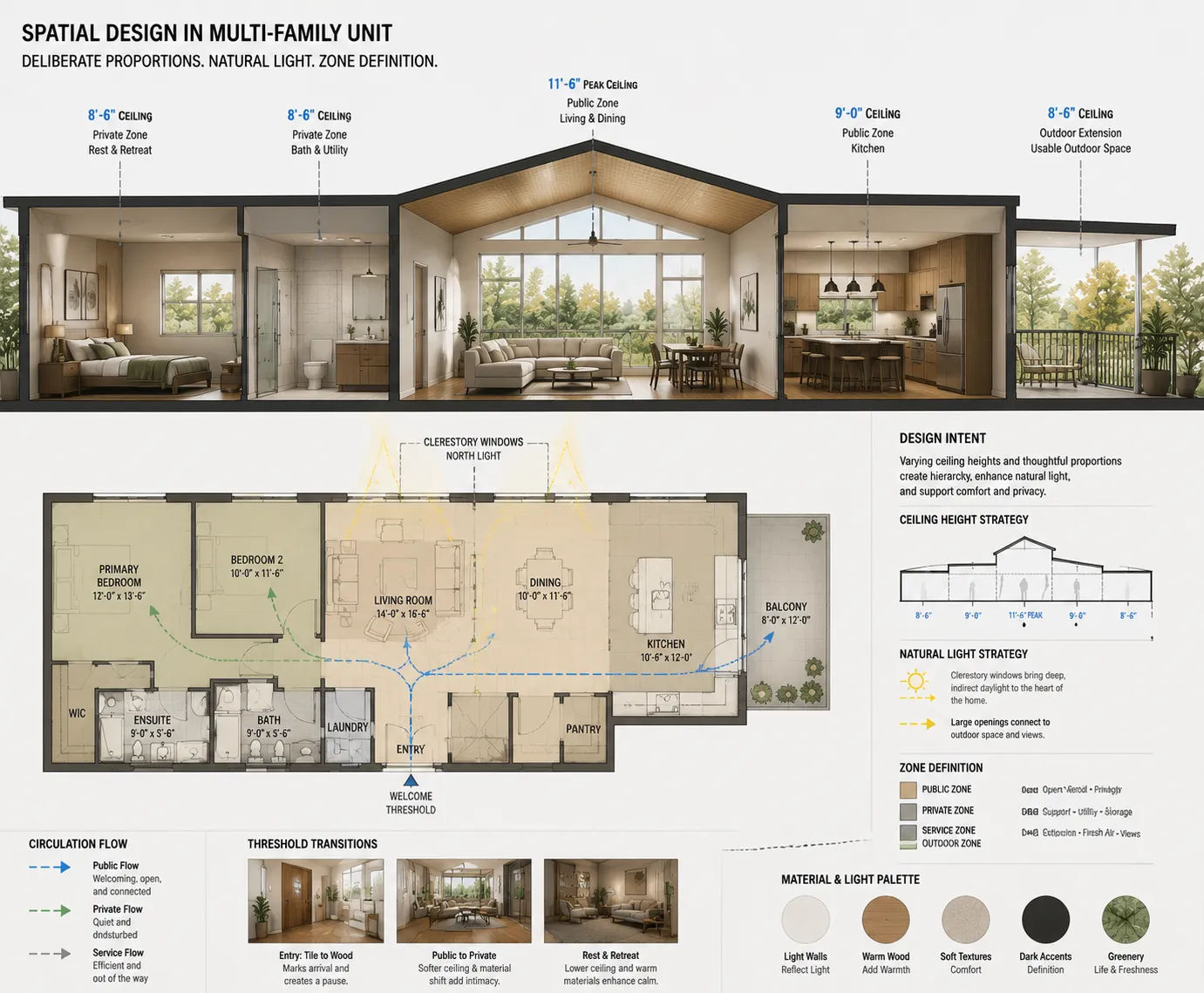 drafting design in multi-family residential unit showing ceiling height variation, natural light optimization and public-private zone transitions