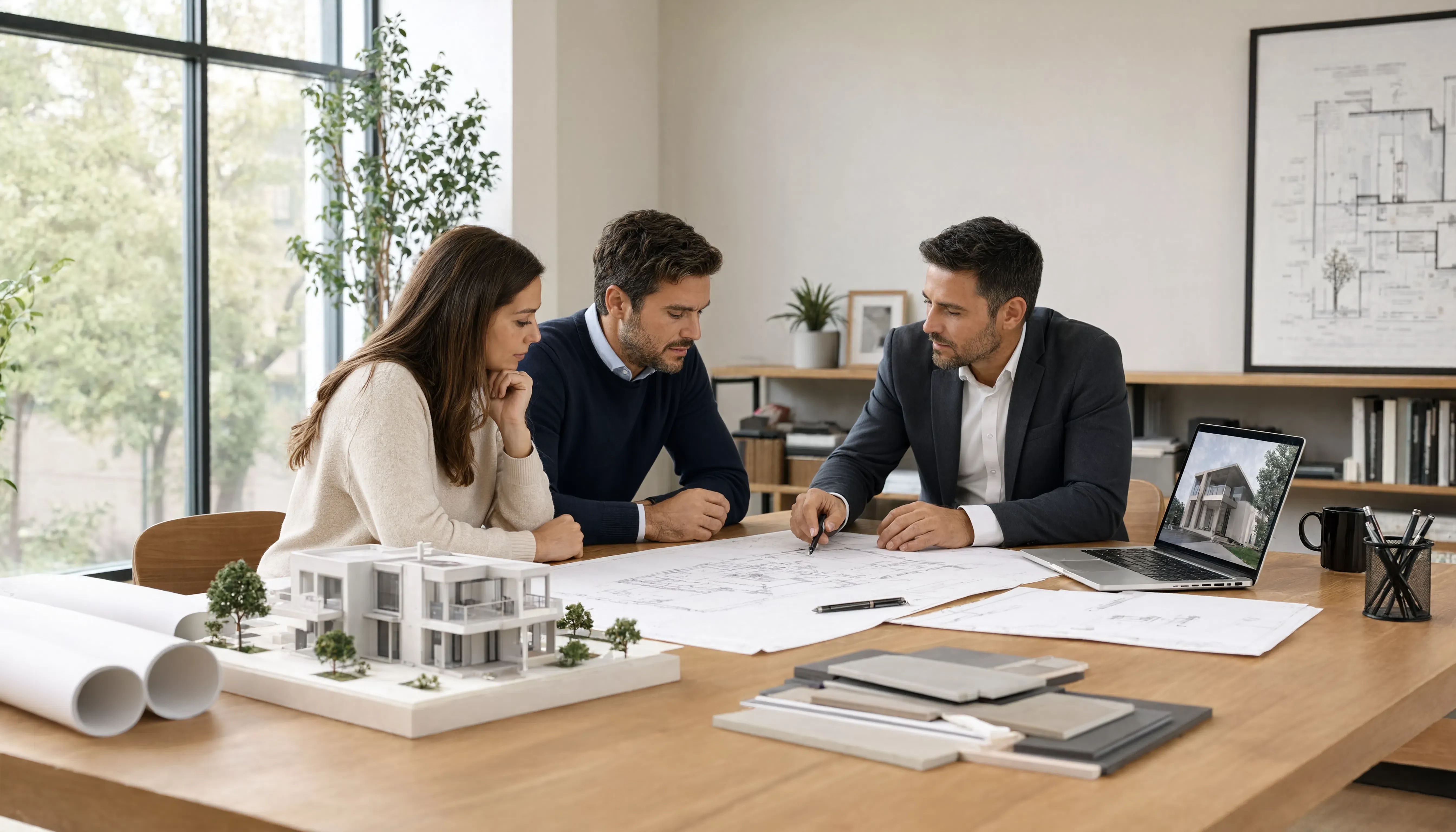 Choosing an architectural design firm showing client reviewing firm portfolio and discussing project scope in initial meeting