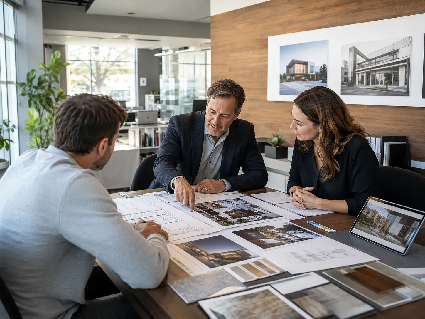 Choosing an architectural design firm showing client reviewing firm portfolio and discussing project scope in initial meeting