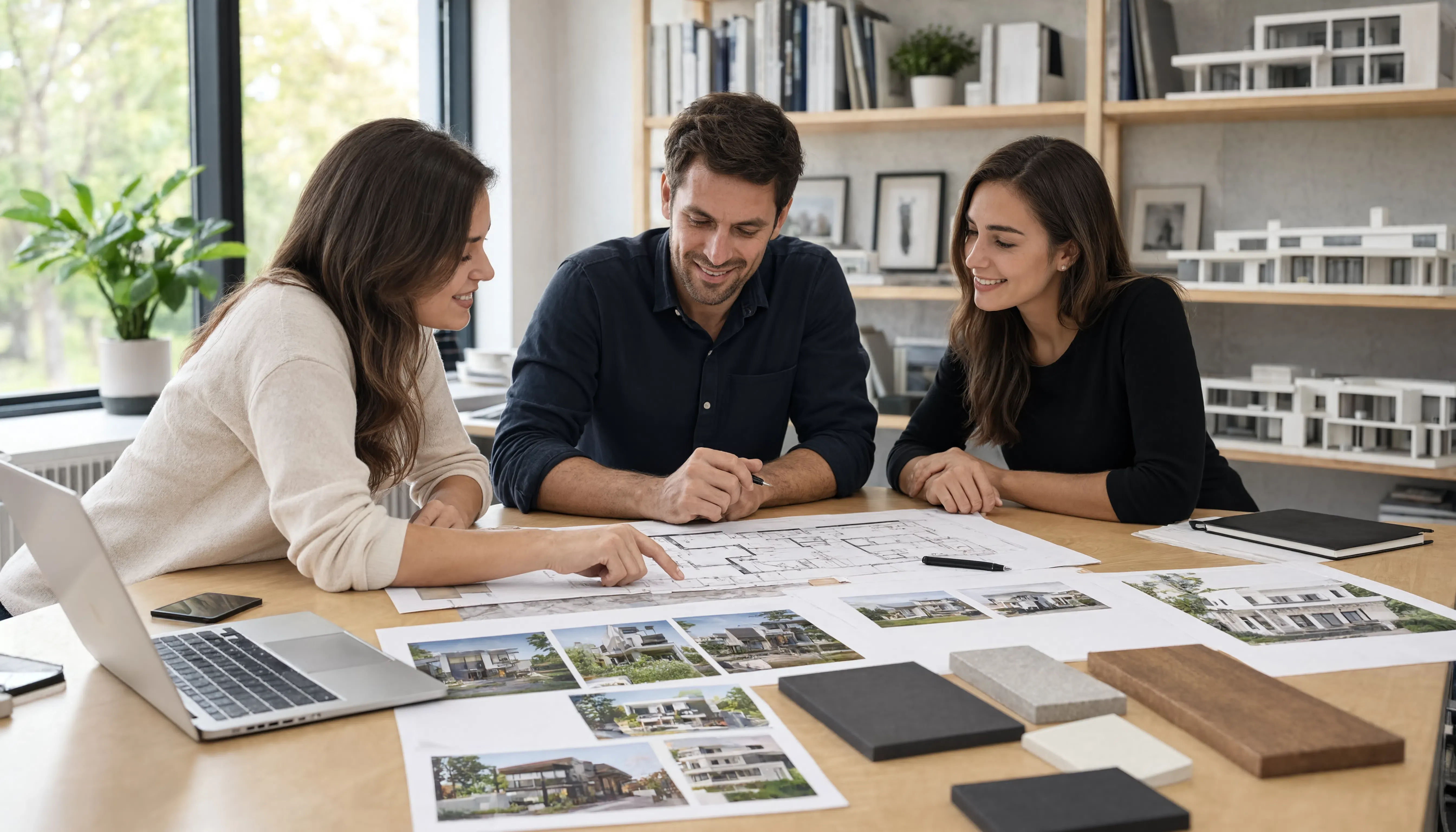 Design consultation first meeting showing client presenting project concept to architectural team with site photos and preliminary sketches