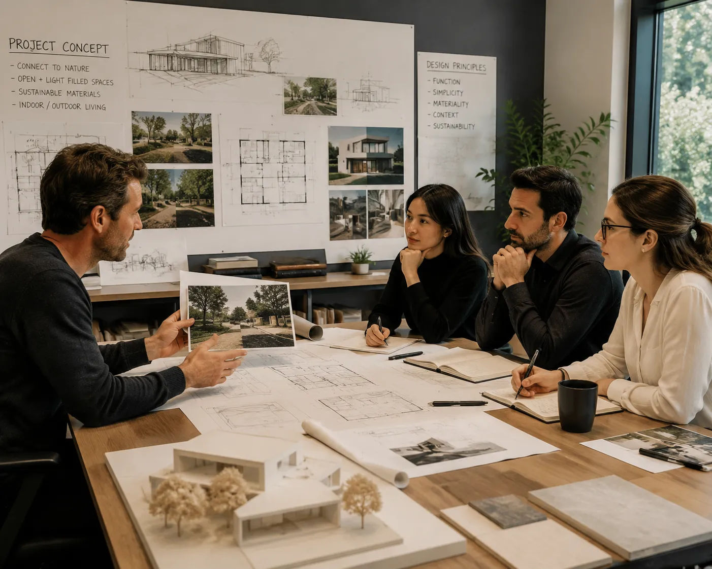Design consultation first meeting showing client presenting project concept to architectural team with site photos and preliminary sketches
