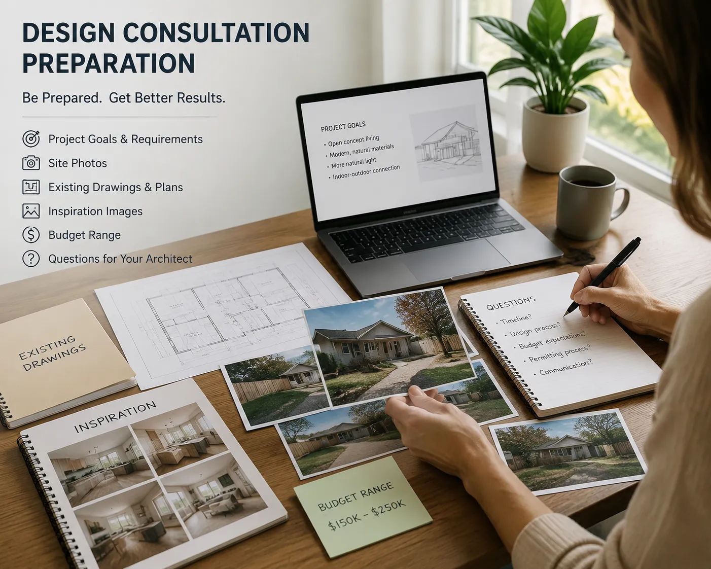 Design consultation preparation showing homeowner gathering site documents, photographs and project requirements before first architectural meeting