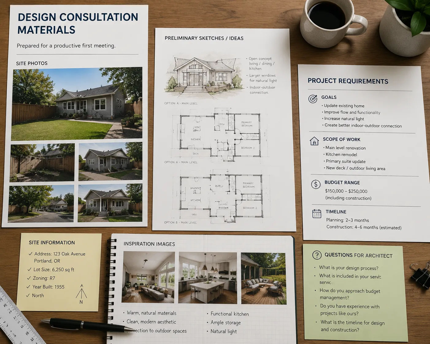 Design consultation preparation materials including site photographs, preliminary sketches, budget range and questions for the architectural firm