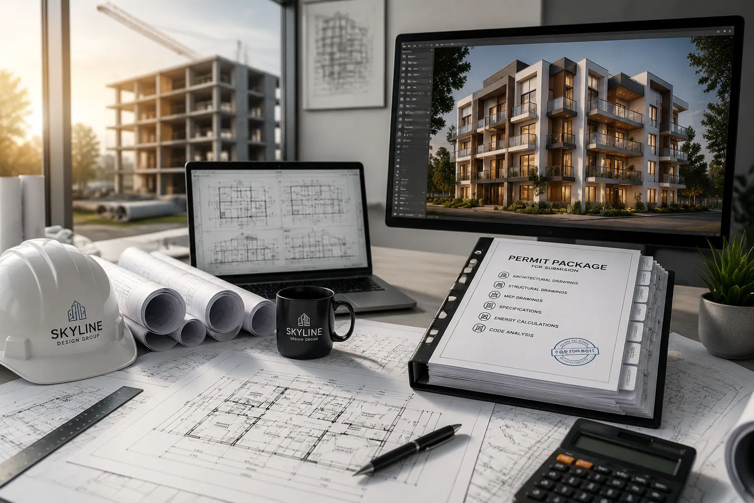 Modern architecture workspace with blueprints, 3D building render, permit binder and construction site.