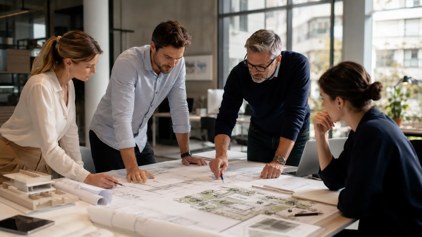 Architecture services team at Skyline Design Group reviewing project drawings and technical documentation