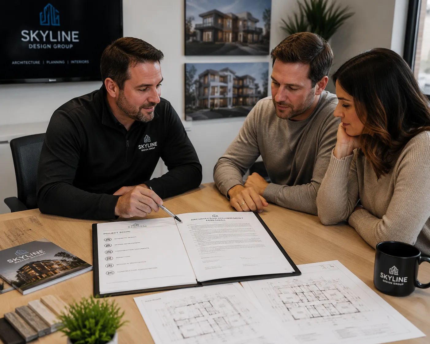 Homeowner reviewing architecture services contract and project scope with Skyline Design Group