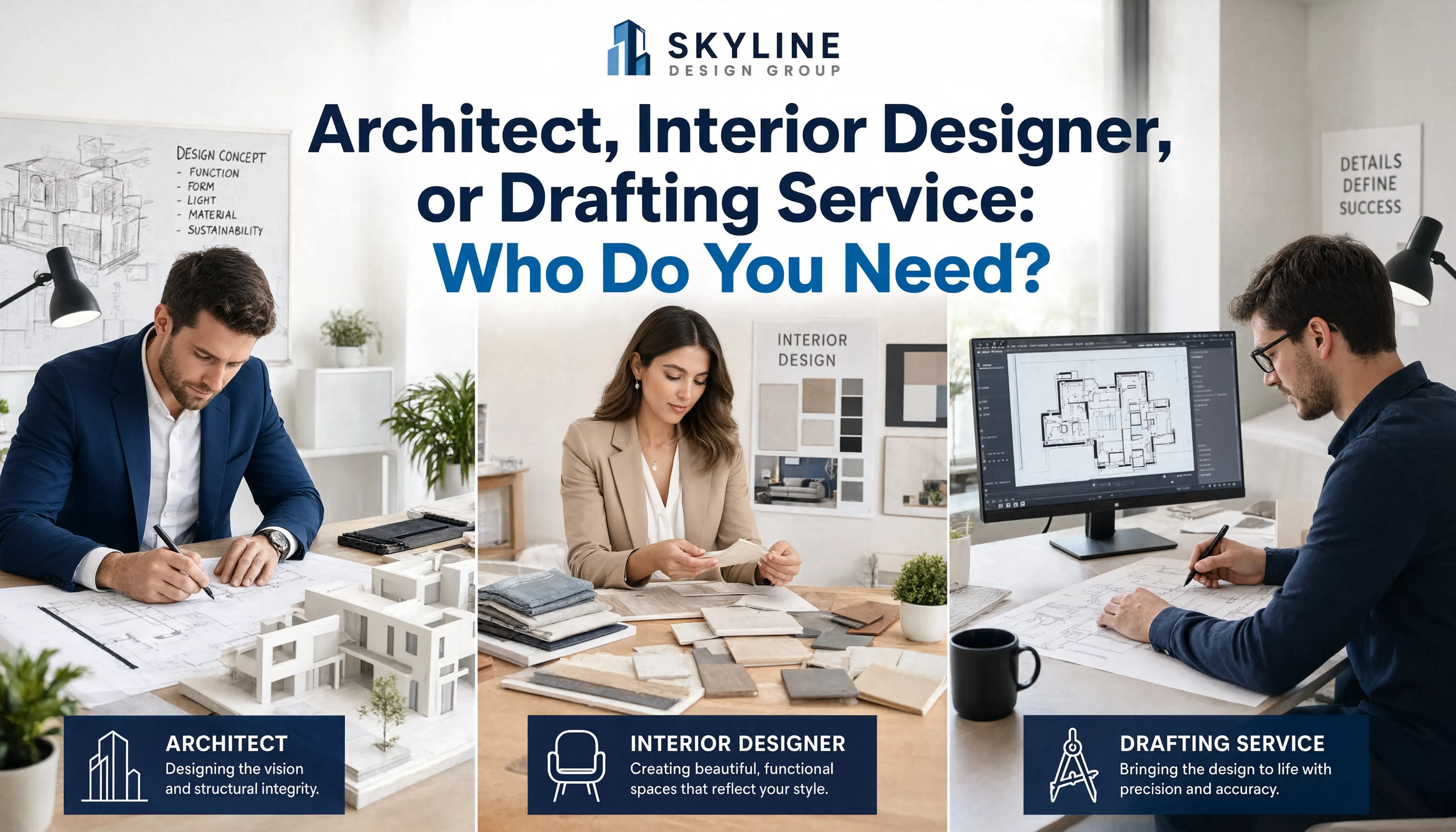 Architect interior designer and drafting service comparison showing different professionals working on building design, interior finishes and technical documentation