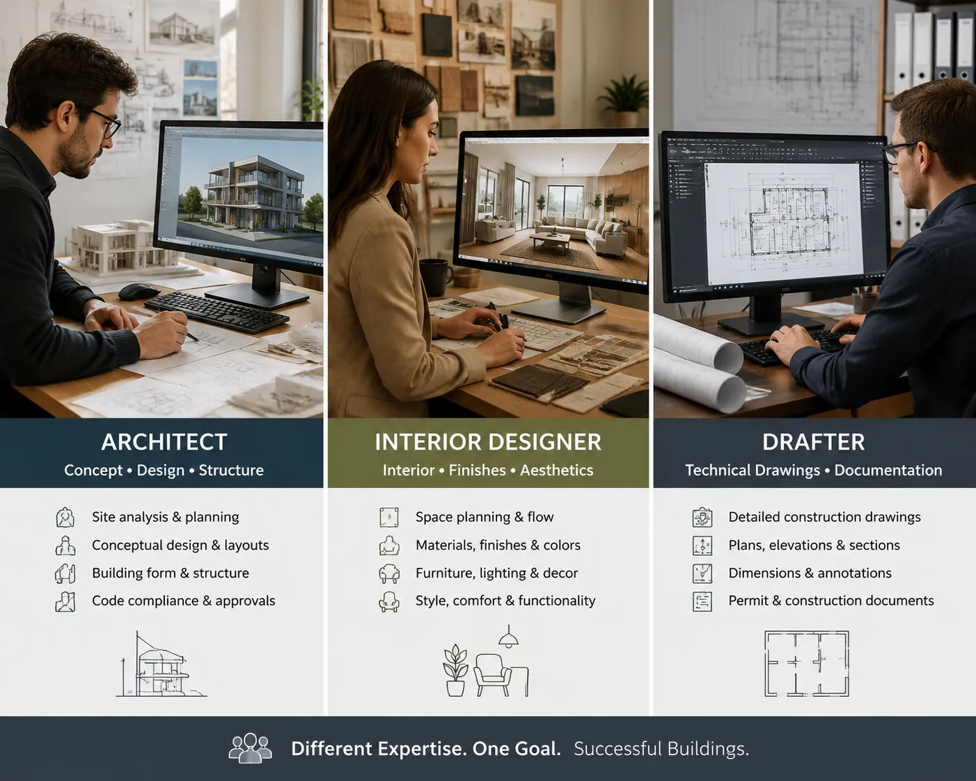 Architect, interior designer and drafting service comparison showing different professionals working on building design, interior finishes and technical documentation
