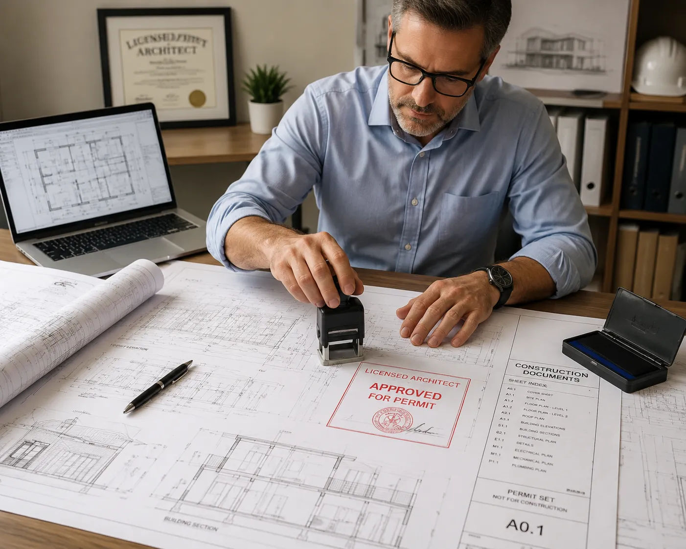 Architect reviewing and stamping permit drawings for structural building project requiring licensed professional approval
