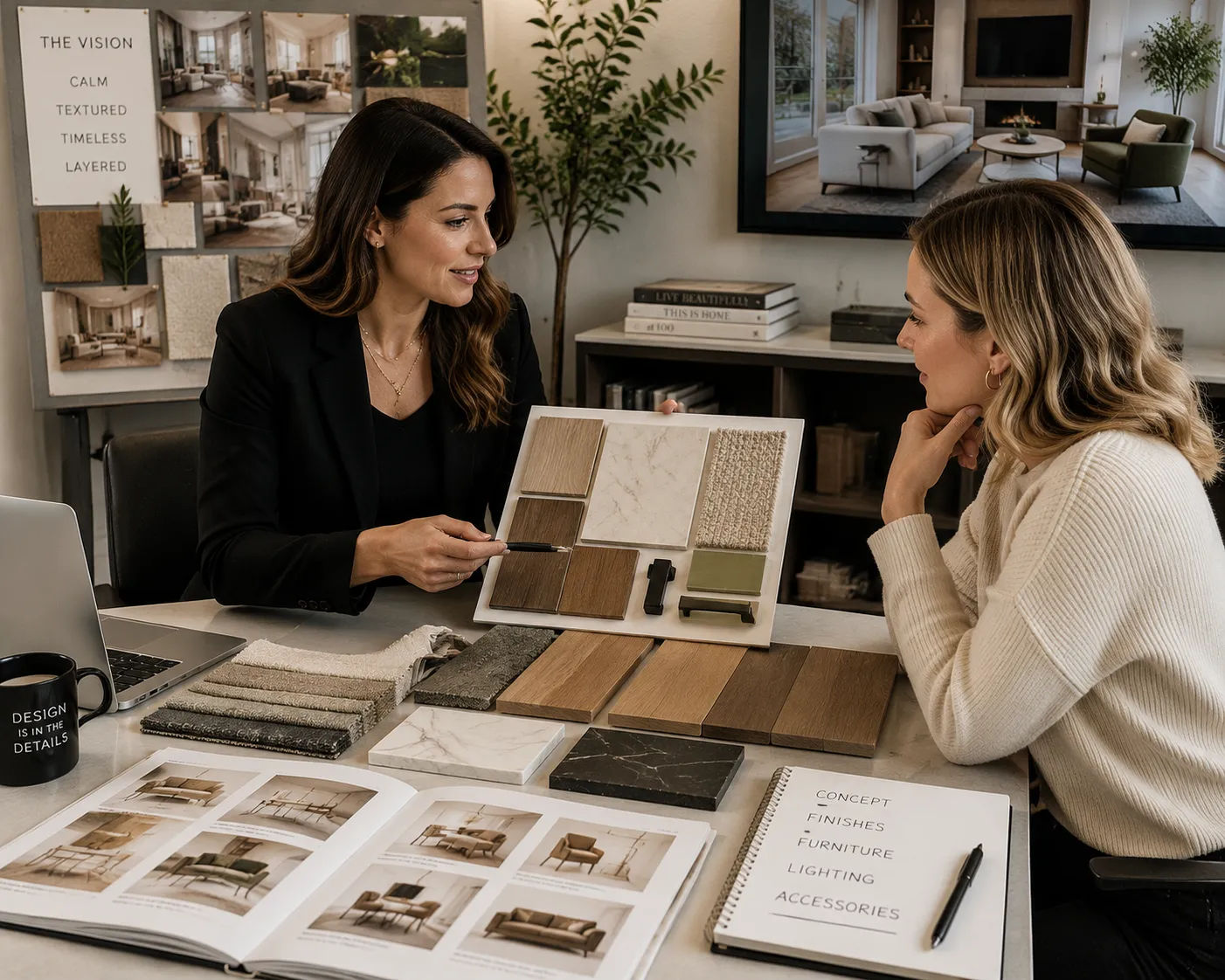 Interior designer working with client on finish selection, furniture specification and interior design concept for residential renovation